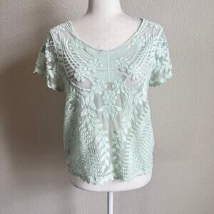 Express Mint Green Sheer Lace Top Women's M Floral Embroidery Fairy Coquette